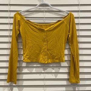 Mustard Yellow Long Sleeve Cropped Off The Shoulder Button Up Shirt